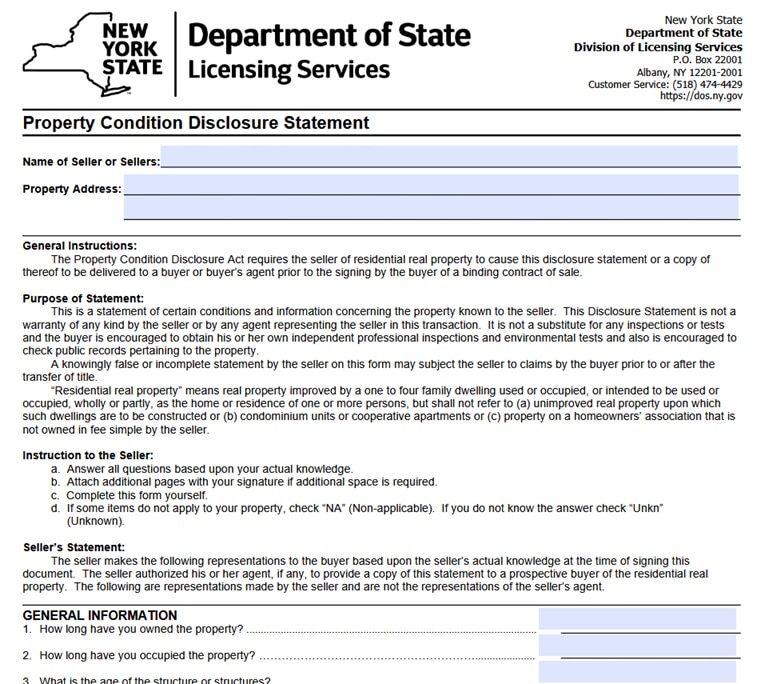 NY Disclosure Form Filled Our By Queens, NY Real Estate Lawyer